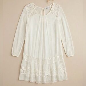 LINE Italy Romantic White Lace & Silk Pleated Midi Dress - Long Sleeve